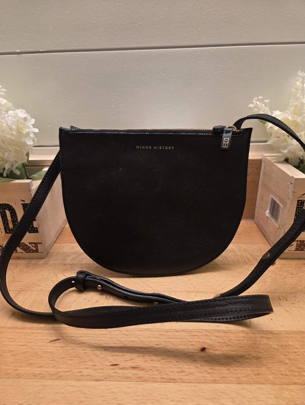 Minor History Half Moon Black Leather Double Zip Crossbody Bag Purse